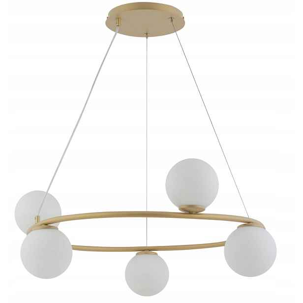 Dekorativní závěsná lampa zlatá kulatá 68 cm, skleněné bílé koule 5 bodů Sigma