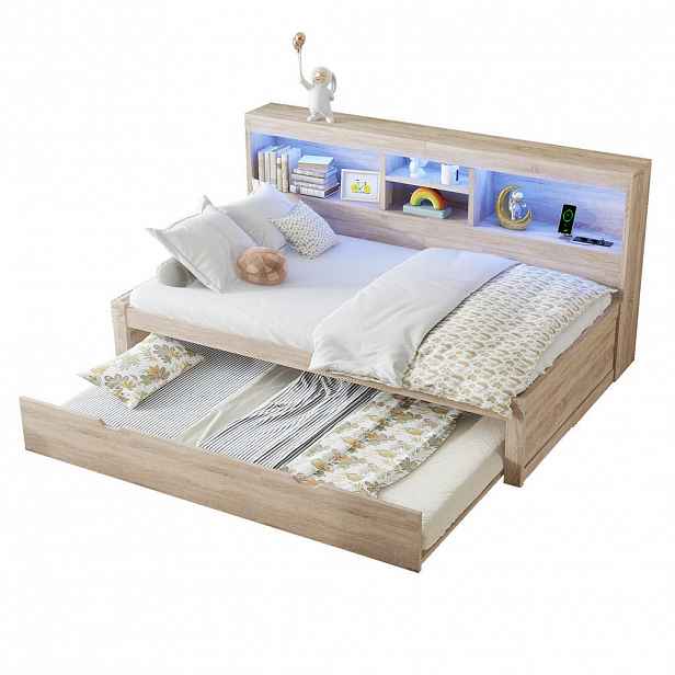 OKWISH JEDNOLŮŽKOVÁ postel 90/200 cm přírodní z dřevotřísky s výsuvným lůžkem LED a USB
