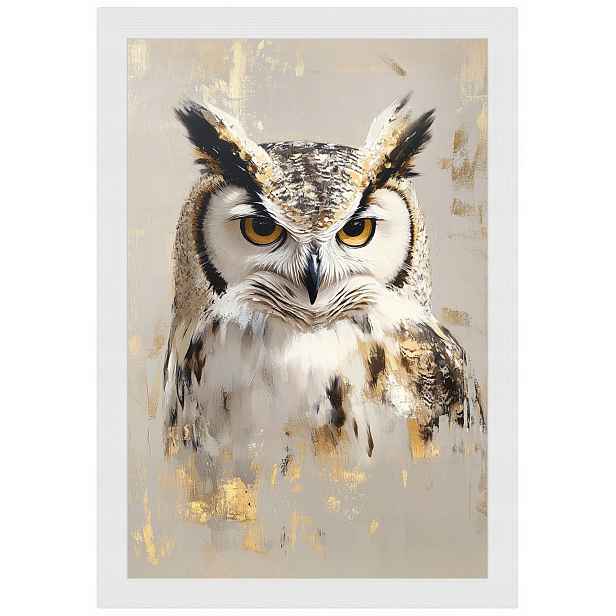 Plakát Rámeček Dřevo Portrét Pták Sova Moudrost Boho Béžová Hnědá 40x60