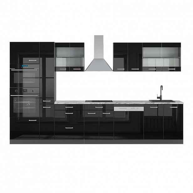 Vicco KUCHYŇSKÁ LINKA R-Line Vysoce lesklá černá/antracitová 350 cm s vysokou skříní, PD Mramor