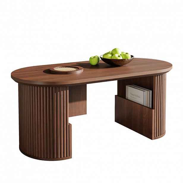Modfu KONFERENČNÍ stolek z MDF 105x50x46,5 cm ořechový s úložnými přihrádkami a oválným tvarem