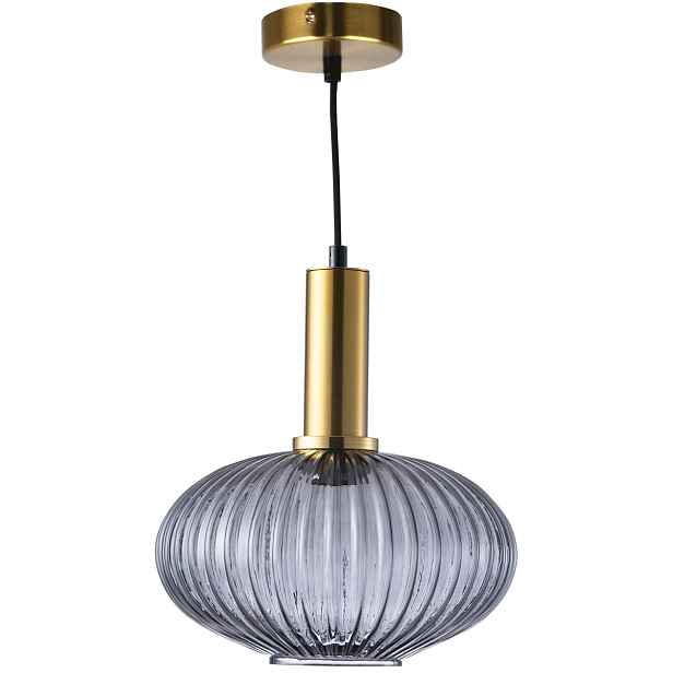 Závěsná lampa zlatá skleněná s kouřovým stínidlem, moderní, nad kulatý stůl Polux