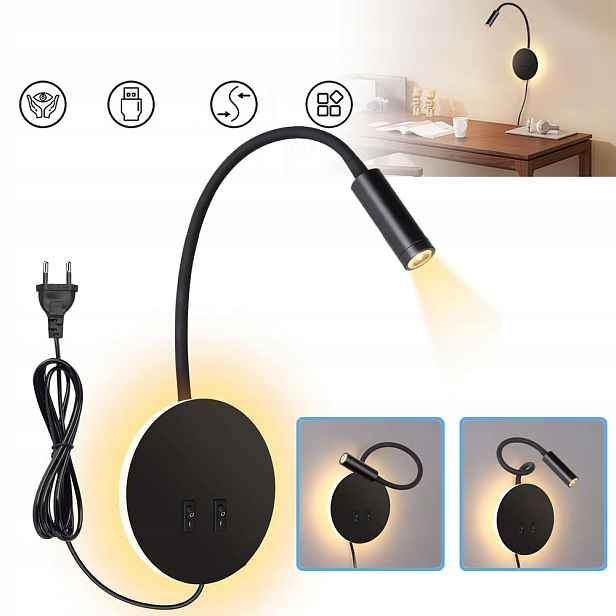 Led Nástěnná Lampa S Dotykovým Spínačem, Lampička Na Čtení O 360°