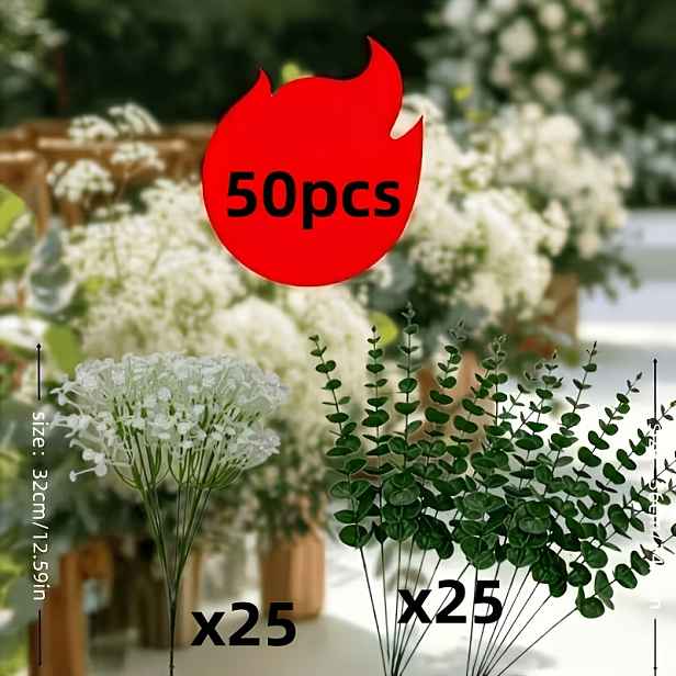 TEMU 50 ks Elegantní Gypsophila, větve a eukalyptu a další smíšené květiny, romantická umělá květinová kytice - Umělé zelené květiny odolné proti