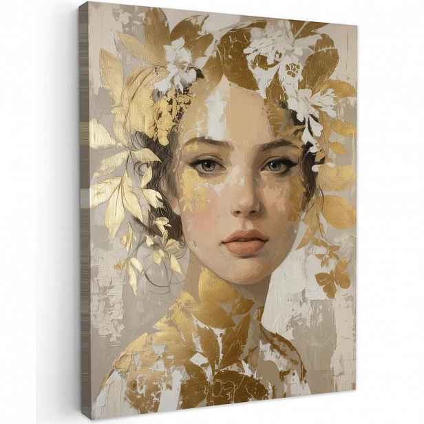 MuchoWow OBRAZ NA PLÁTNĚ Tvář - Žena - Listy - Zlato 60x80 cm