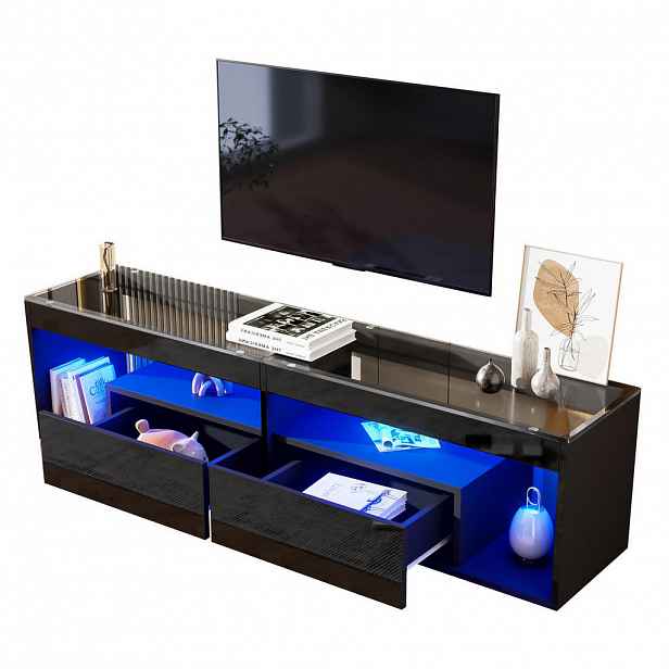 Redom TV stolek 180/40/46 cm s LED osvětlením, dvěma zásuvkami a lesklým provedením, Černá