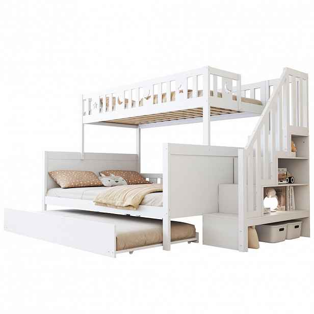 STILVORA PALANDA 90/200 cm & 140/200 cm, bílá, s úložnými schody, výsuvným lůžkem a roštem