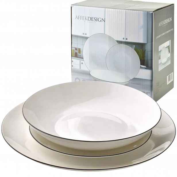 Sada porcelánových talířů 18 ks, černý pásek, moderní jídelní servis