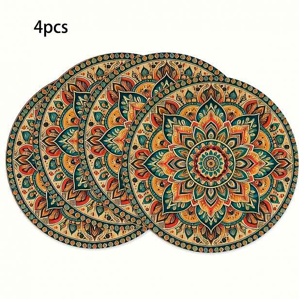 TEMU 4ks Vintage Bohémské Květinové Kulaté Podložky - 38,1x38,1cm Polyesterové Stolní Podložky, Pratelné v Pračce, Mandala , Vhodné pro Venkovskou