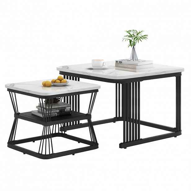 Redom KONFERENČNÍ stolek 65/65/45 a 45/45/39,5 cm s mramorovým leskem a černými ocelovými nohami, Bílá