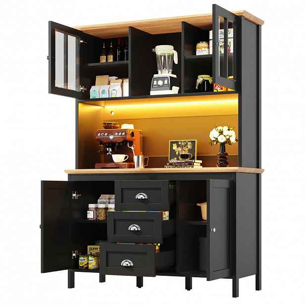 OKWISH BOČNÍ skříň 120/40/179 cm černá z MDF a kovu s LED osvětlením, 4 dvířky a 3 zásuvkami
