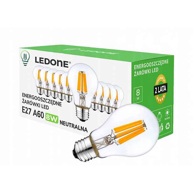 10x Led filamentová žárovka E27 A60 8W bílá Neutrální Clear Led sada