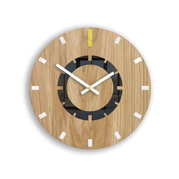 ModernClock Dřevěné nástěnné hodiny Atena 33 cm žluté/bílé