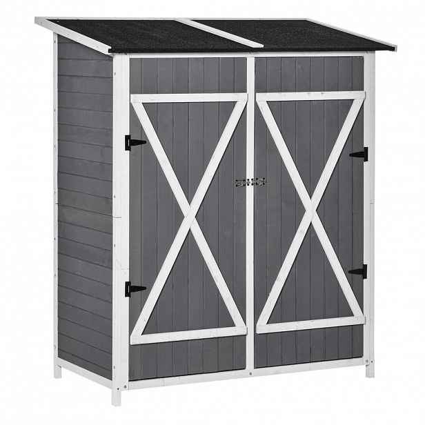 Outsunny ZAHRADNÍ SKŘÍŇ, kůlna na nářadí se 2 dveřmi, protiskluzový design, smrkové dřevo, šedá+bílá