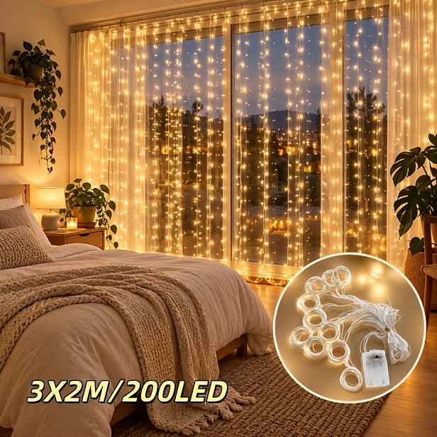 TEMU 300/200 LED Světelná Závěsná Dekorace, Bateriové Teplé Bílé Okenní Světelné Řetězy s 8 Režimy, Útulné Dekorativní Světla do Ložnice pro