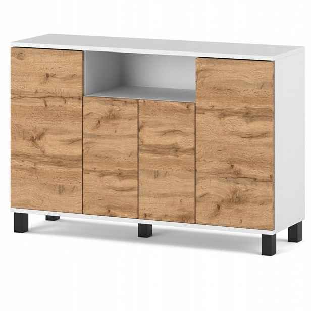 Bílá Komoda Dub Wotan 120 CM 4 Dvířka Moderní Skříňka Do Obývacího Pokoje Ložnice