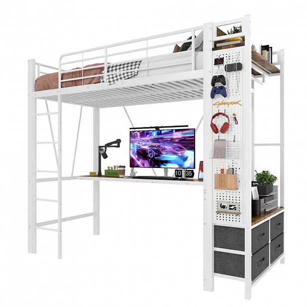 STILVORA PATROVÁ POSTEL 90/200 cm, bílá, se stolem, 4 zásuvkami, policí, LED, USB a Type-C, kovová, moderní