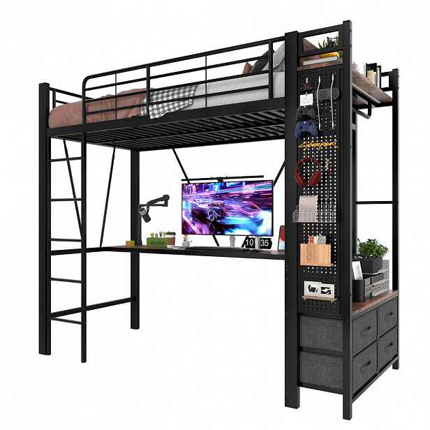 STILVORA PATROVÁ POSTEL 90/200 cm, černá, se stolem, 4 zásuvkami, LED a USB/Type-C