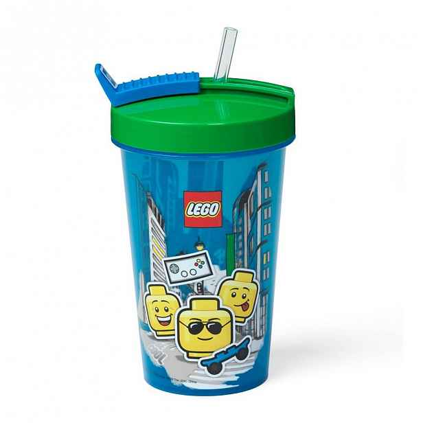 Modrý kelímek se zeleným víčkem a brčkem LEGO® Iconic, 500 ml