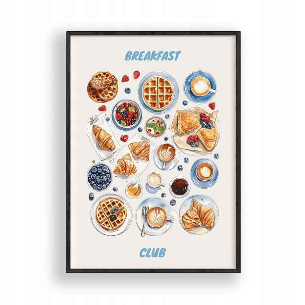Obraz Breakfast croissant vafle káva Plakát Rámeček Dřevěný Černý 30x42 cm