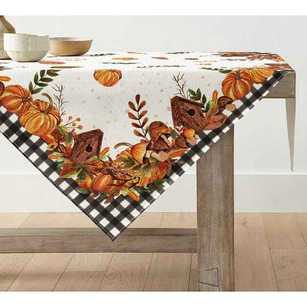 Podzimní Ubrus 85x85CM Dýně Houby Domeček Pro Ptáky Dekorace Na Stůl