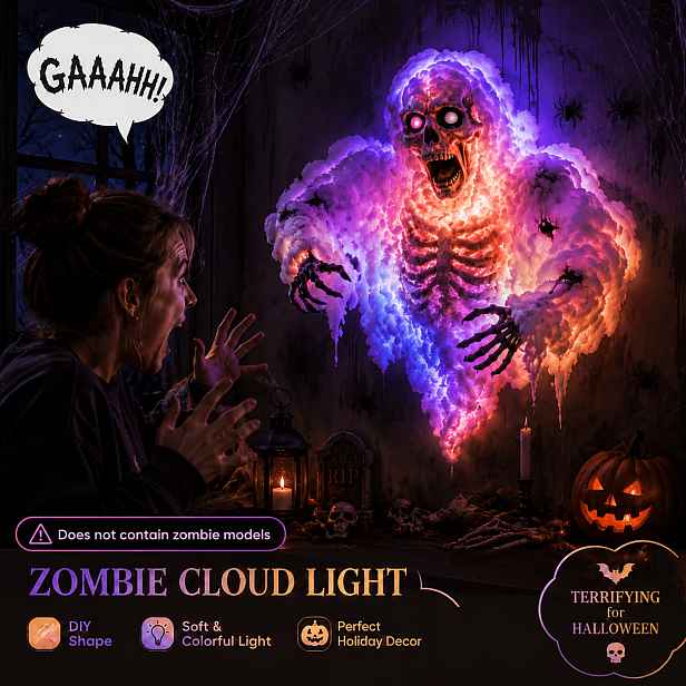 TEMU 157,48palcové halloweenské zombie mraky světlo, plovoucí dušičkový světelný girlanda s fialovými oranžovými vícebarevnými efekty, 13,12 stop pro