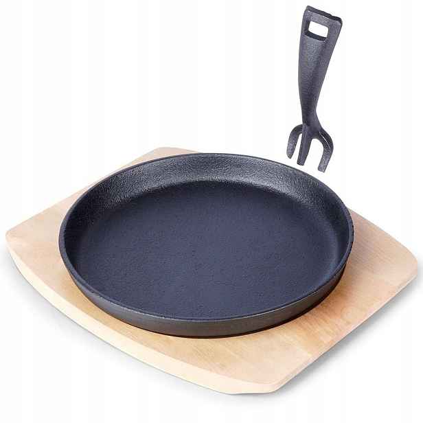 Litinová Pánev Na Servírování S Dřevěným Podstavcem, Grilovací Miska 22 CM