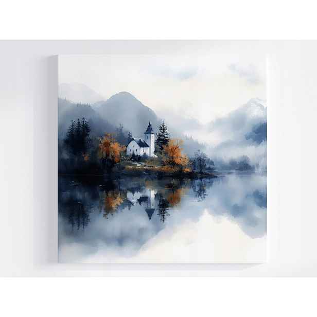 Obraz Na Plátně Canvas Krajina Hory Jezero Kostel Podzim Les Mlha 50x50