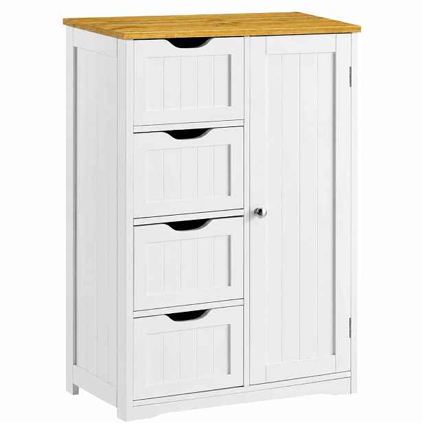 Koupelnová Skříňka Stojící Bílá 60 CM 4 Zásuvky 1 Dveře Komoda 60x30x80 CM