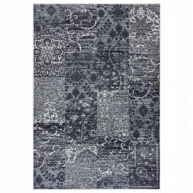 Koberec moderní do obývacího pokoje 235 x 320 cm, šedý krémový patchwork, měkký vlas