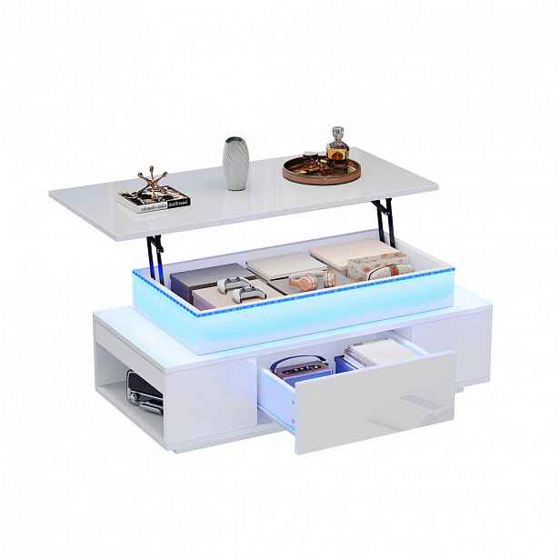 Modfu KONFERENČNÍ stolek z dřevotřísky 96x45x40 cm bílý s výklopnou deskou, LED osvětlením a úložným prostorem