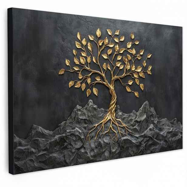 MuchoWow OBRAZ NA PLÁTNĚ Listy - Zlato - Strom - Skála 120x80 cm