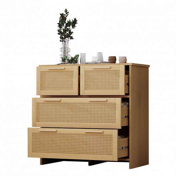 Modfu KOMODA z MDF a masivního dřeva 80x80x38 cm přírodní se 4 zásuvkami, ratanovým čelem a ochranou proti převrácení