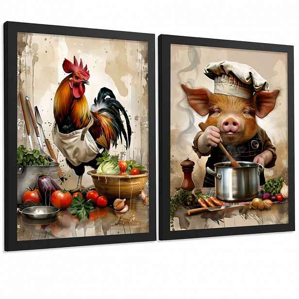 Nacnic PLAKAT Sada 2 Animal Chef A4 Černý rám