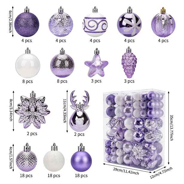TEMU 100 ks Vánoční kulaté ozdoby 1 krabička 8 cm/6 cm/4 cm Fialové 14 druhů kulatých kulatých speciálních kulatých ozdob na vánoční stromeček,