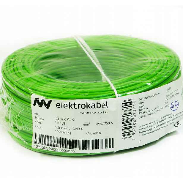Kabel Lgy 1,5 mm zelený Elektrokabel 100 m 750 V