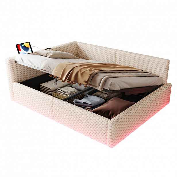 CHICFURN ČALOUNĚNÁ POSTEL 140/200 cm v béžové barvě s úložným prostorem, LED, USB a Type-C