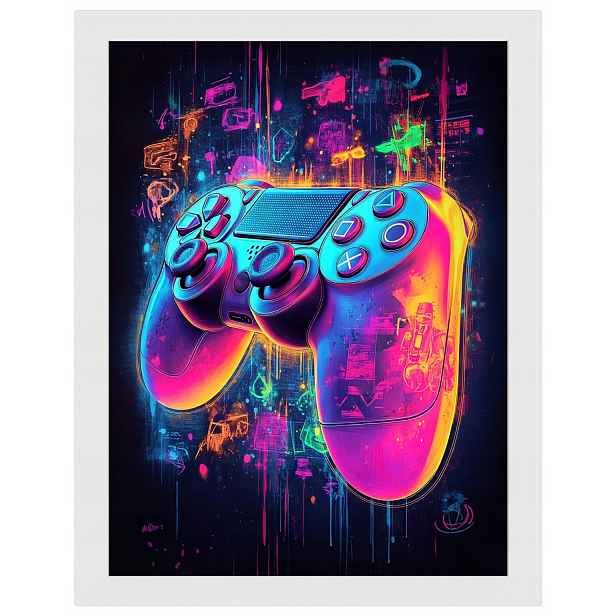 Plakát Rámeček Dřevo Gaming Hra Gamer Konzola Pad Neon Cyberpunk 60x80