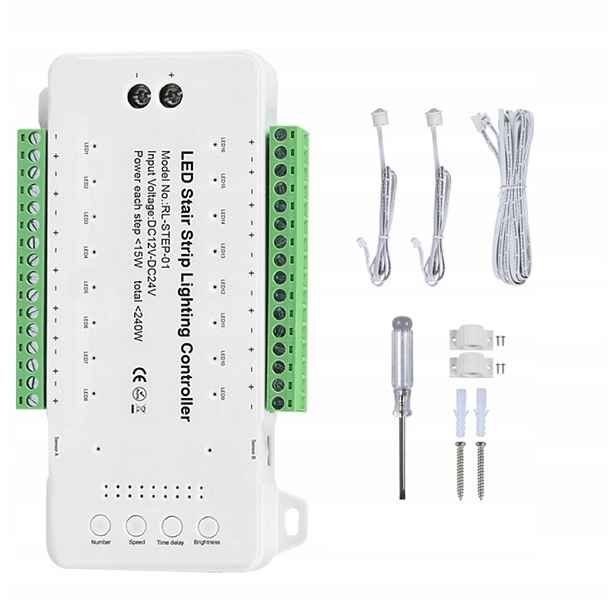 Led Schodišťový Ovladač 16 Stupňů Schodů Kanálů 12-24V 240W Senzory Pir