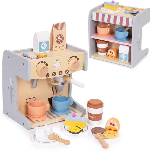 ECOTOYS Dřevěný kávovar pro děti PRESSO modrý/hnědý