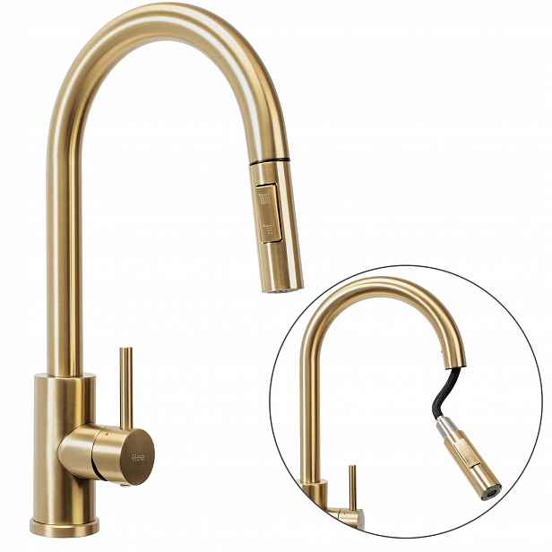 Kuchyňská baterie zlatá kartáčovaná S Vytahovací Sprškou Rea Fresh Gold Mat