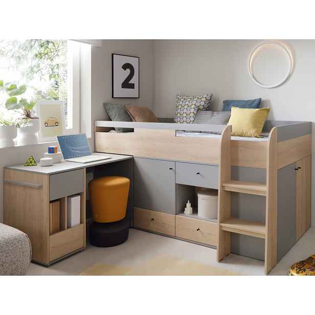 Zvýšená úložná postel se stolkem Room 90x200 cm, dub biscuit/šedá