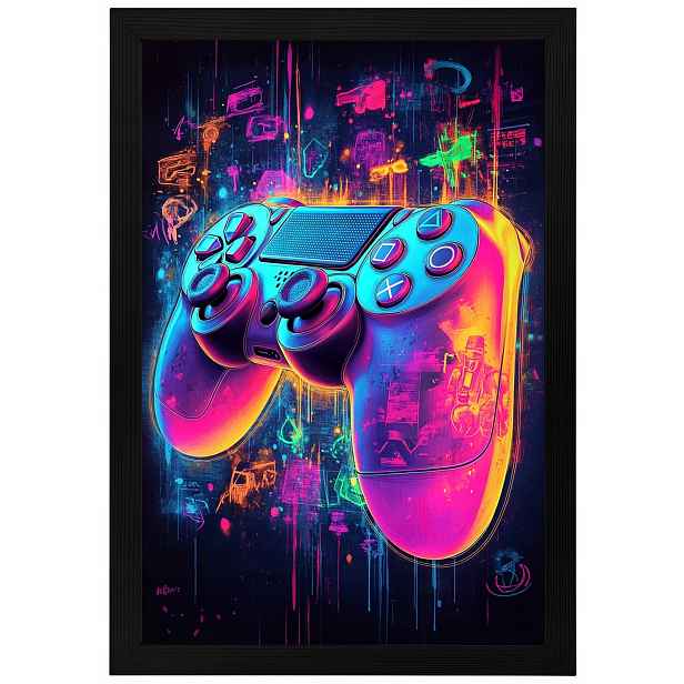 Plakát Rámeček Dřevo Gaming Hra Gamer Konzola Pad Neon Cyberpunk 40x60