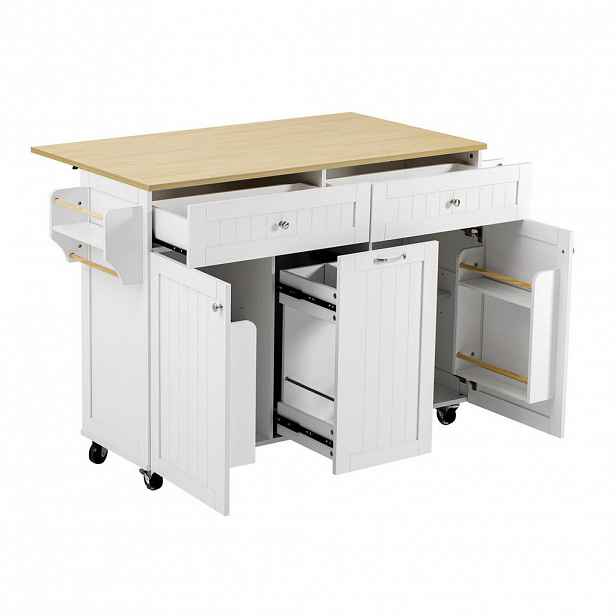 Modfu KUCHYŇSKÝ ostrůvek z MDF 140x40-70x92 cm bílá/přírodní s kolečky, výsuvnou sklápěcí deskou a zásuvkami