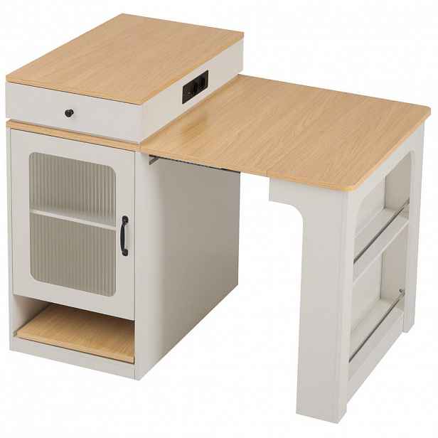 Modfu KUCHYŇSKÝ ostrůvek z MDF a skla 151x80x92 cm bílý/přírodní, rozkládací se zásuvkami a úložným prostorem