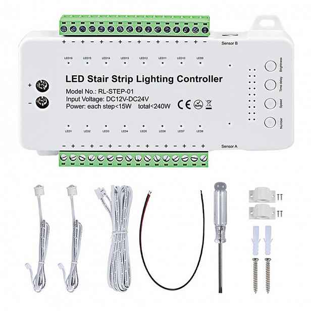 Led Schodišťový Ovladač 16 Stupňů Schodů Kanálů 12-24V 240W Senzory Pir