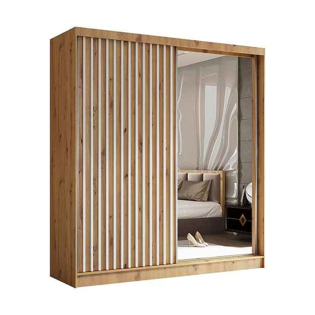 MASSENO ŠATNÍ SKŘÍŇ S POSUVNÝMI DVEŘMI LAMELLO, 200/216/61 cm 2dveřová se zrcadlem, dub Artisan