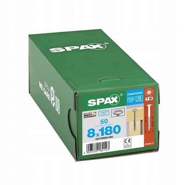 Tesařské vruty Spax na dřevo 8x180 mm, talířová hlava, ocel A2 50 Ks.
