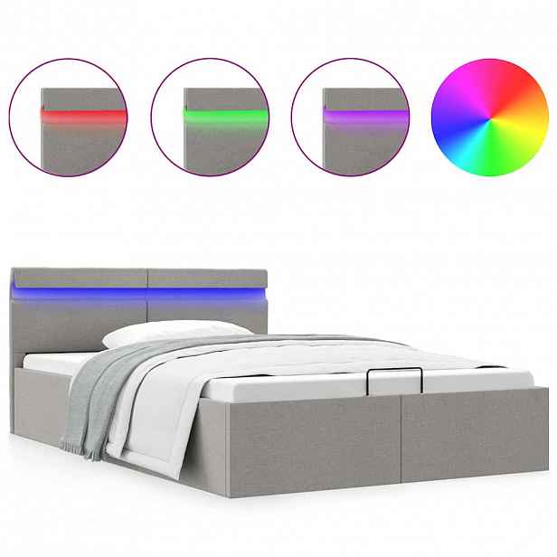 vidaXL Rám postele LED úložný prostor světle šedý textil 120 x 200 cm
