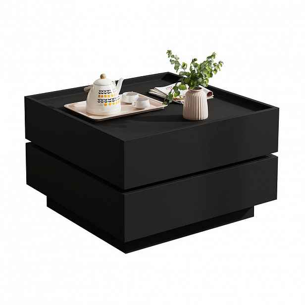 OKWISH KONFERENČNÍ stolek 60/60/38 cm černý z dřevotřísky s otočnou deskou a úložným prostorem